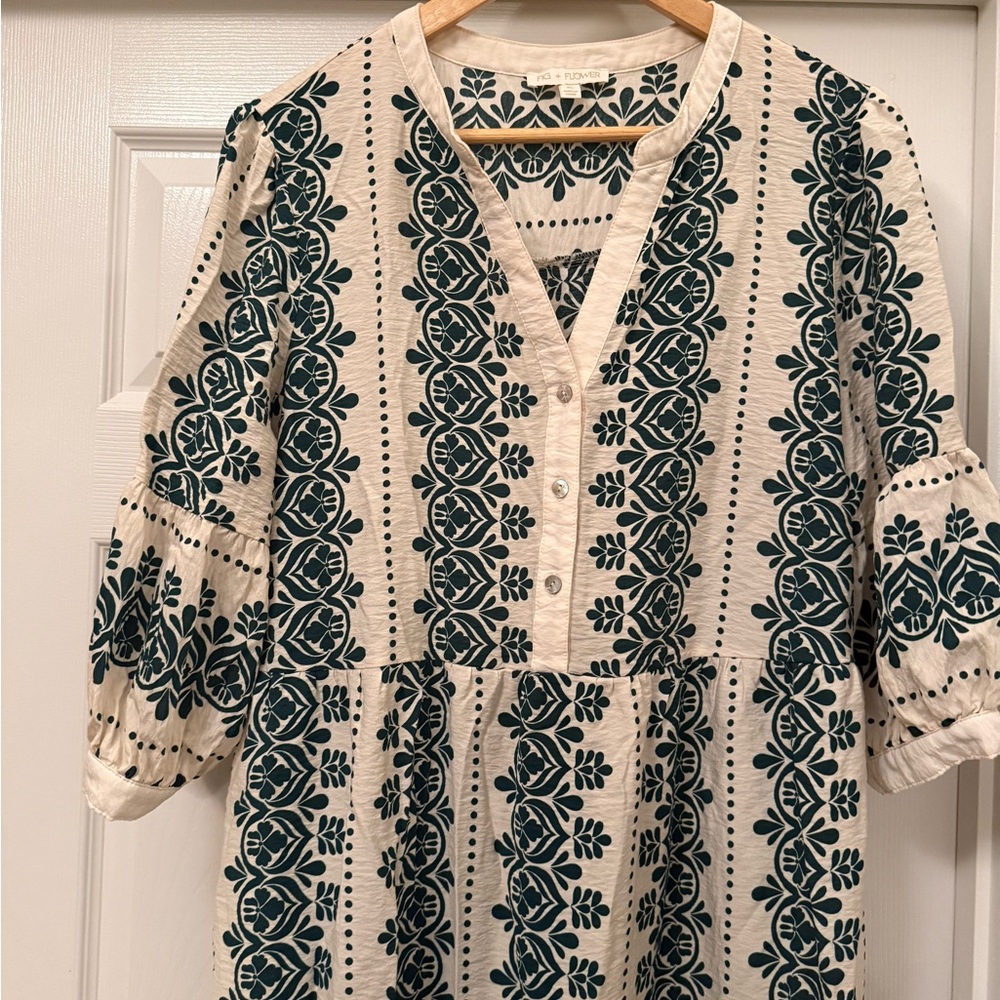 Fig and Flower Cream Dress with Green Floral Patterns Boho Size Large - Picture 2 of 7